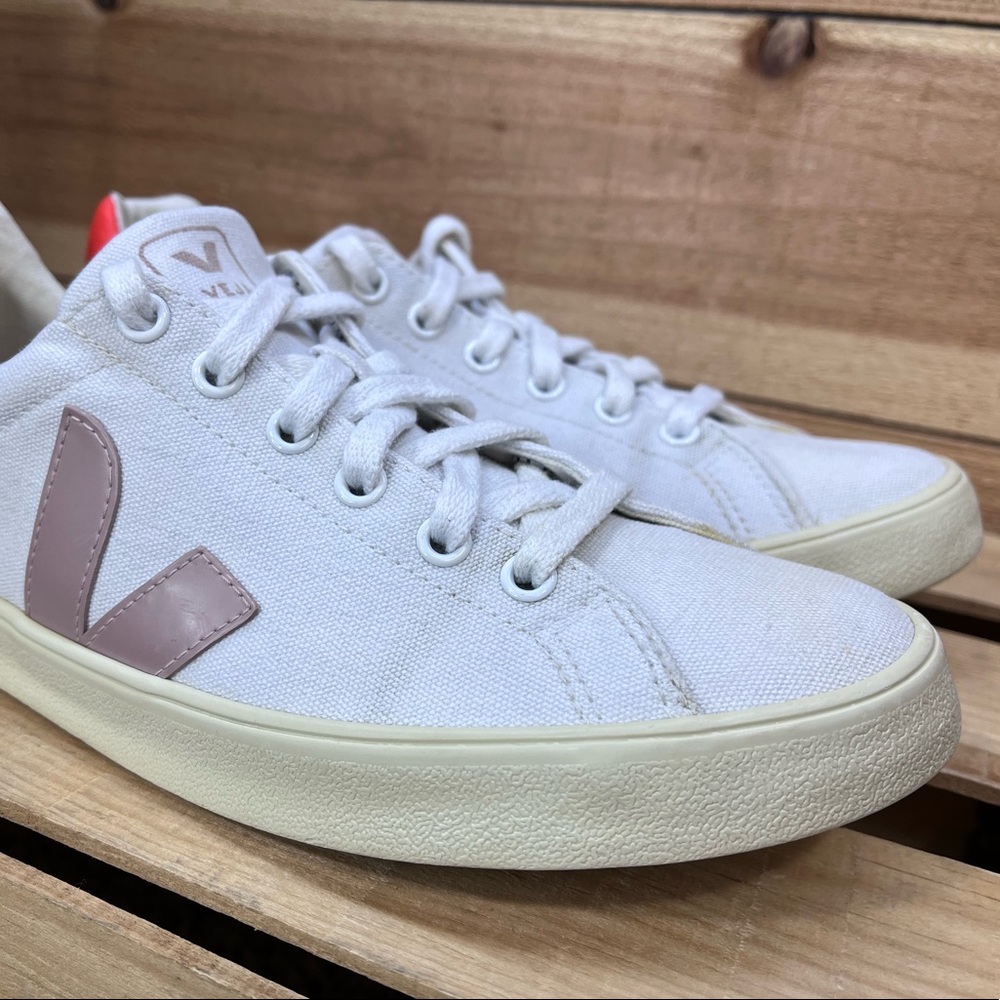 Veja White Sneakers with Pink Accent and Coral Heel - Picture 4 of 15